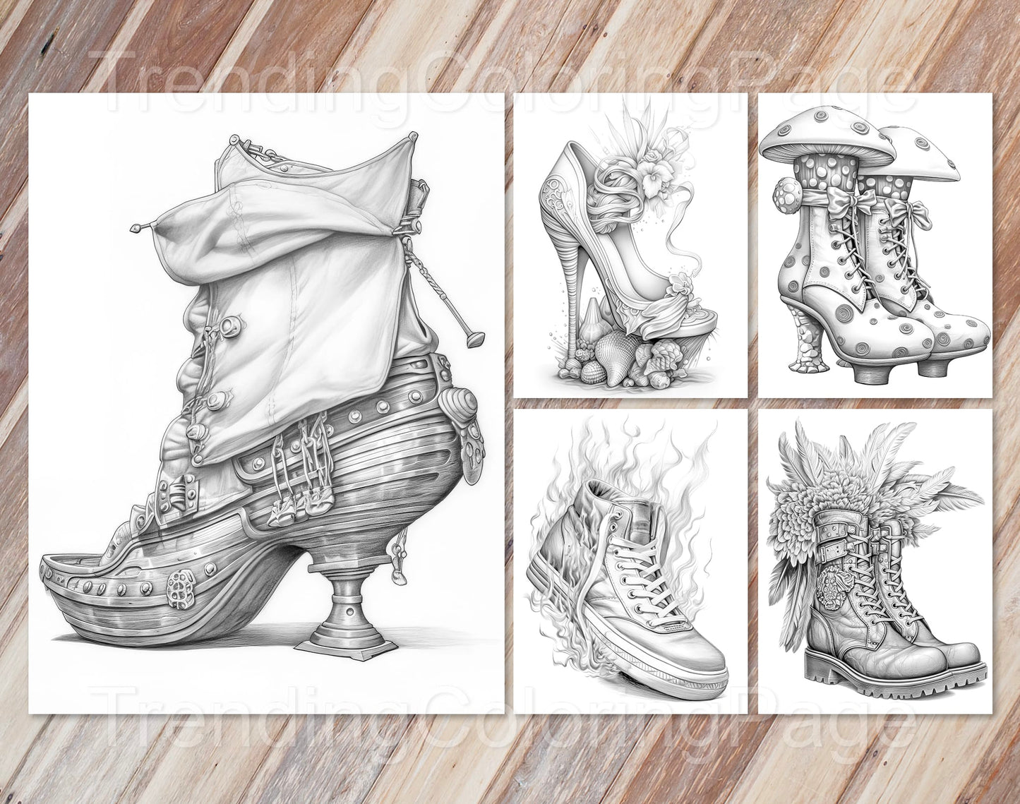 40 Fantasy Shoes Grayscale Coloring Pages - Instant Download - Printable PDF Dark/Light – preview 6