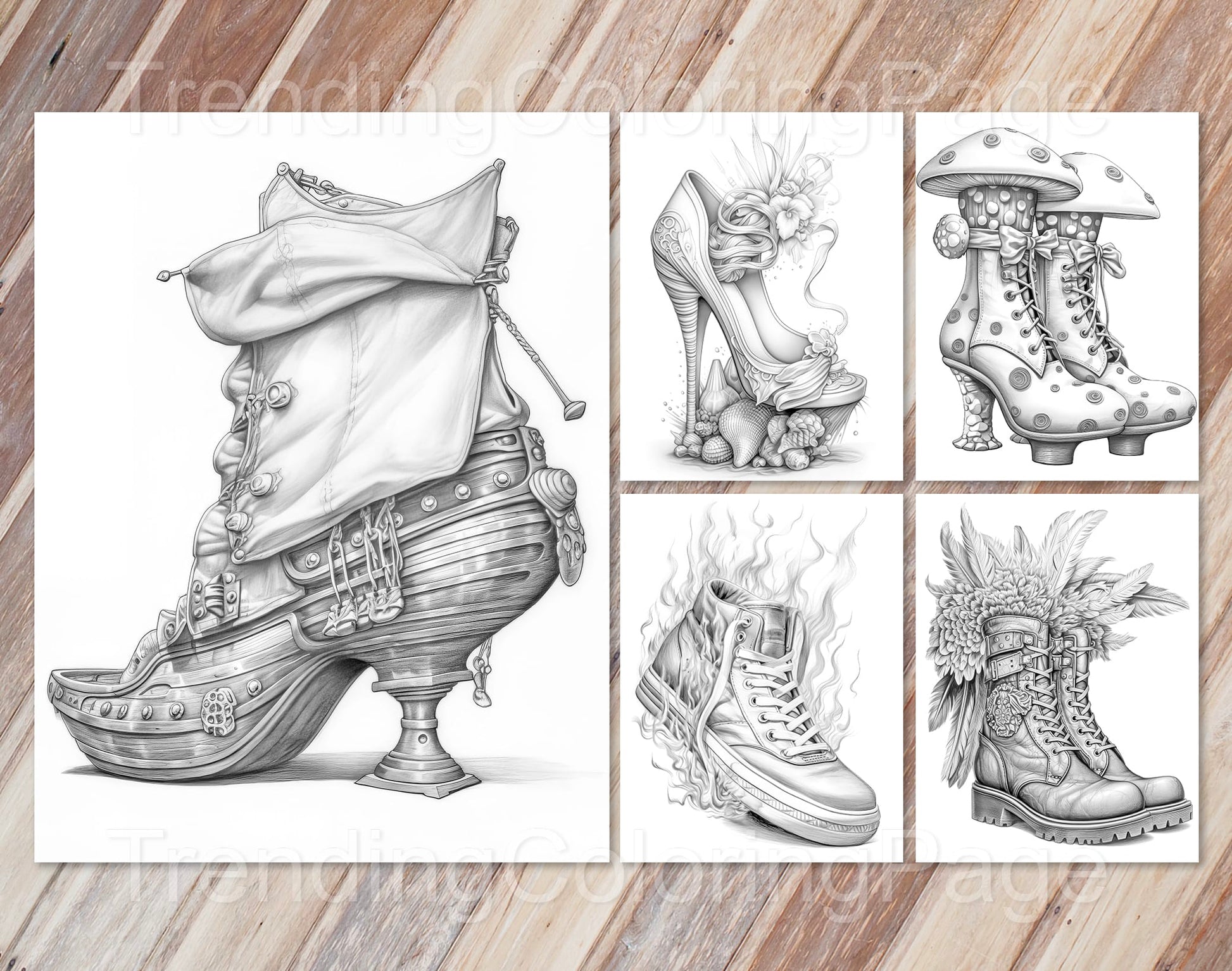40 Fantasy Shoes Grayscale Coloring Pages - Instant Download - Printable PDF Dark/Light – preview 6