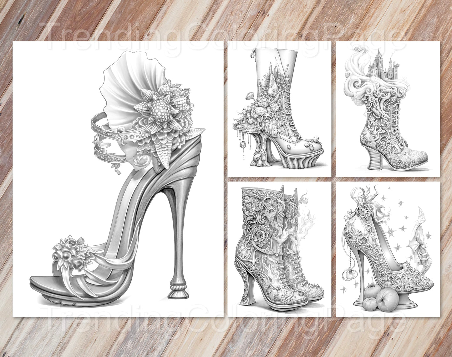 40 Fantasy Shoes Grayscale Coloring Pages - Instant Download - Printable PDF Dark/Light – preview 7