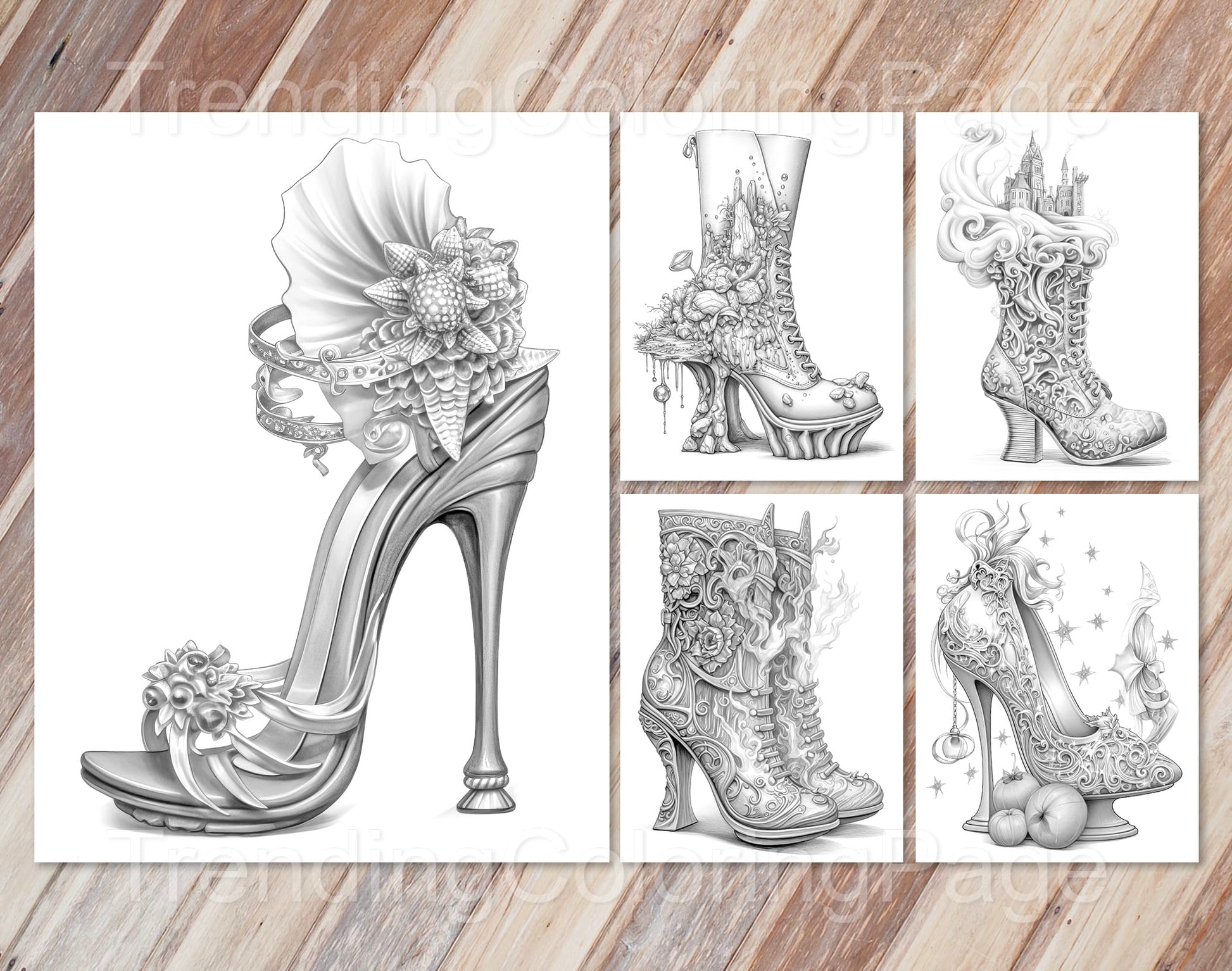 40 Fantasy Shoes Grayscale Coloring Pages - Instant Download - Printable PDF Dark/Light – preview 7