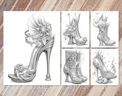 40 Fantasy Shoes Grayscale Coloring Pages - Instant Download - Printable PDF Dark/Light – preview 7