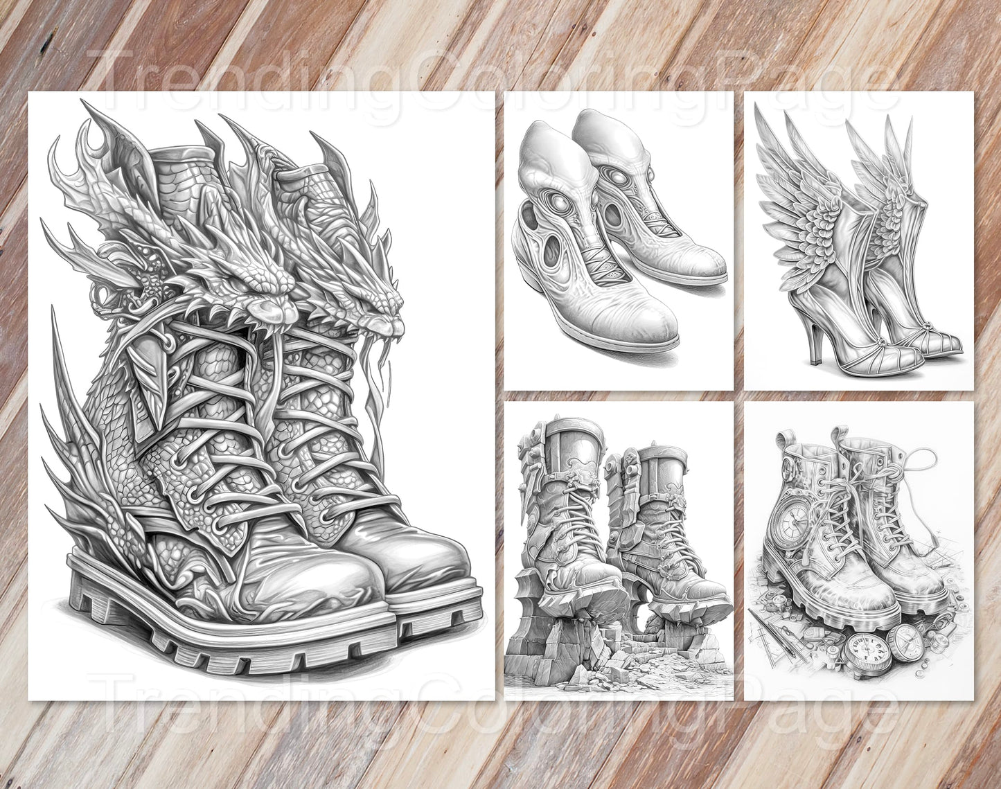40 Fantasy Shoes Grayscale Coloring Pages - Instant Download - Printable PDF Dark/Light – preview 8