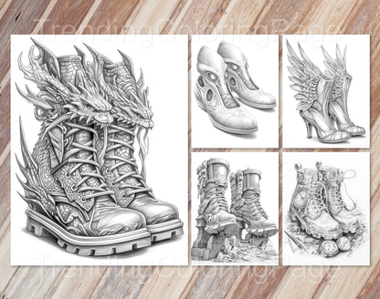 40 Fantasy Shoes Grayscale Coloring Pages - Instant Download - Printable PDF Dark/Light – preview 8