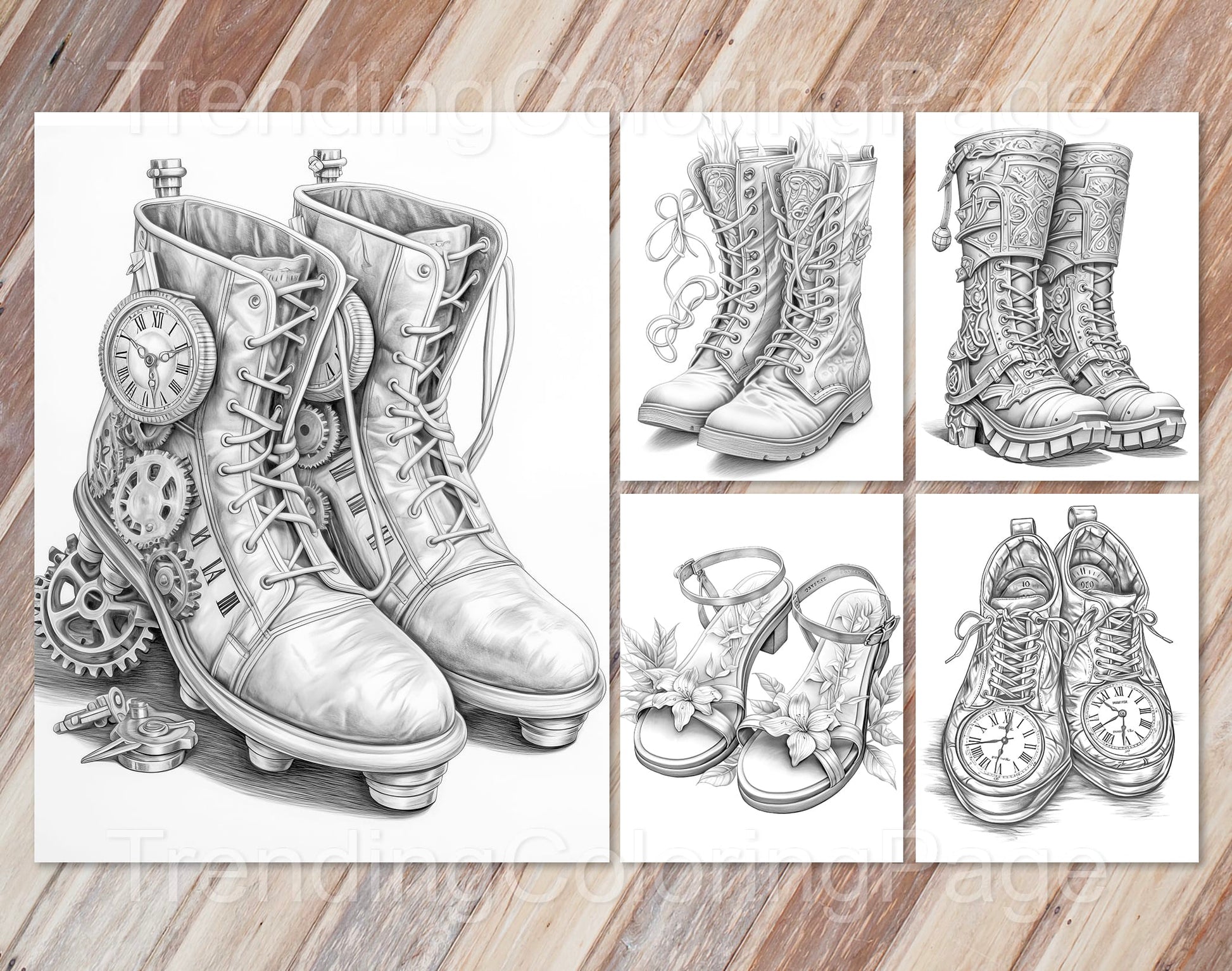 40 Fantasy Shoes Grayscale Coloring Pages - Instant Download - Printable PDF Dark/Light – preview 9