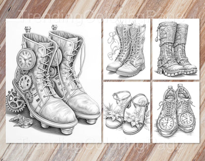 40 Fantasy Shoes Grayscale Coloring Pages - Instant Download - Printable PDF Dark/Light – preview 9
