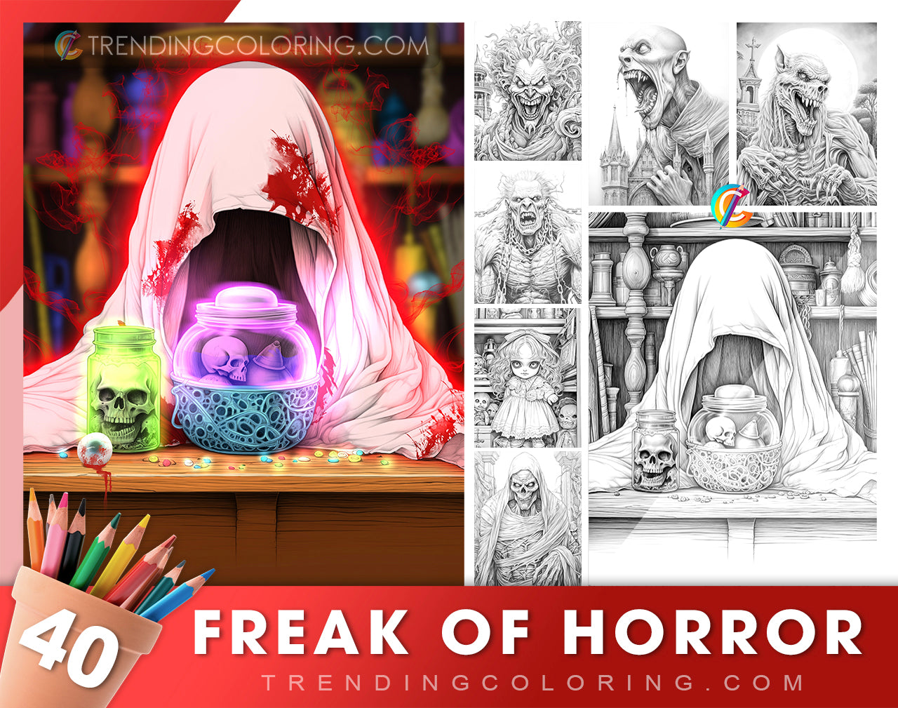 40 Freak of Horror Grayscale Coloring Pages - Halloween Coloring - Instant Download - Printable PDF Dark/Light