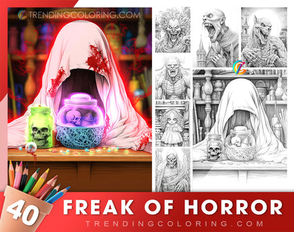 40 Freak of Horror Grayscale Coloring Pages - Halloween Coloring - Instant Download - Printable PDF Dark/Light