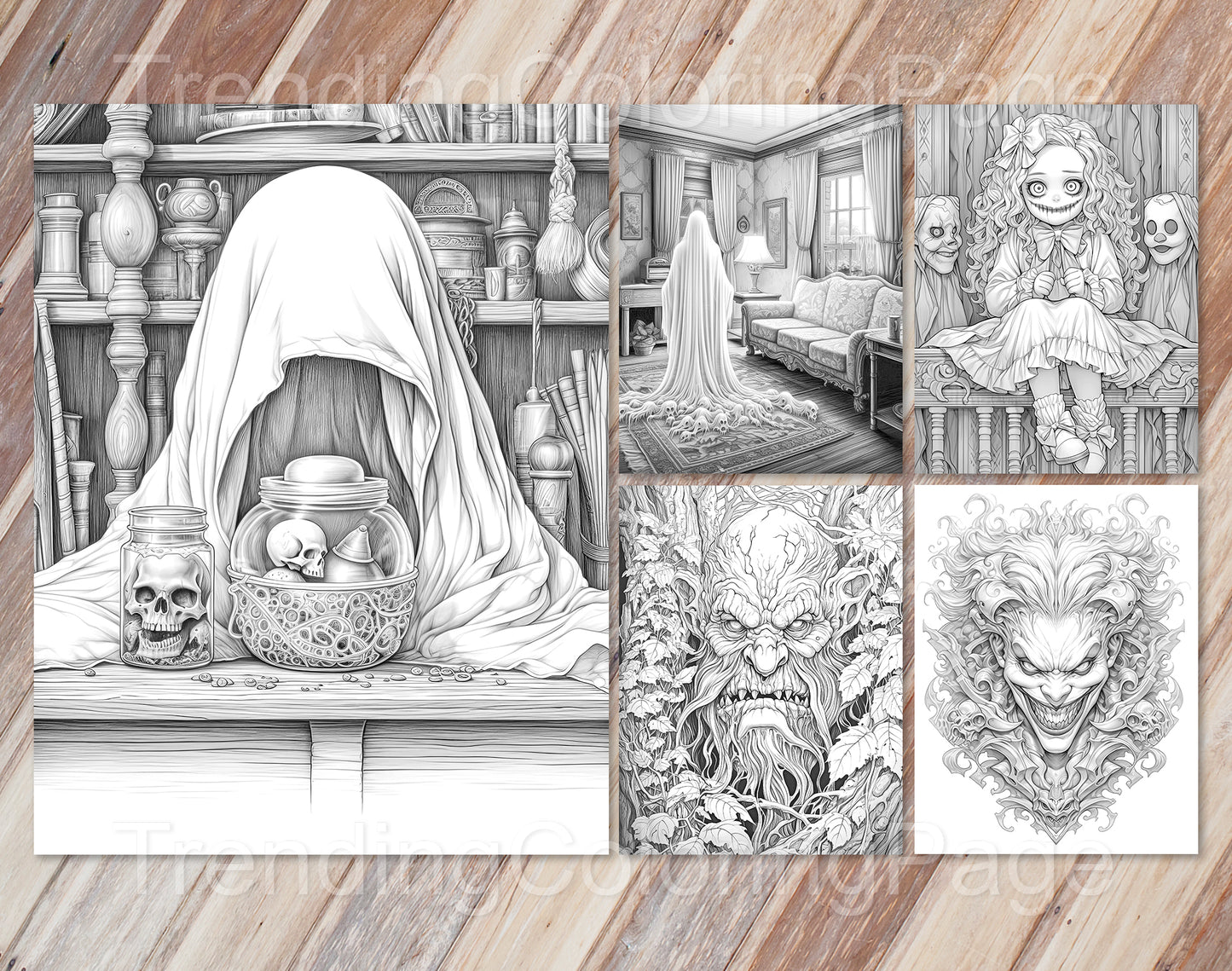 40 Freak of Horror Grayscale Coloring Pages - Halloween Coloring - Instant Download - Printable PDF Dark/Light – preview 2
