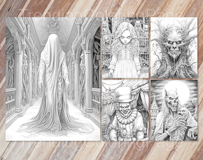 40 Freak of Horror Grayscale Coloring Pages - Halloween Coloring - Instant Download - Printable PDF Dark/Light – preview 3
