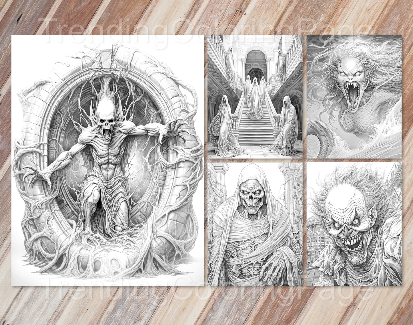 40 Freak of Horror Grayscale Coloring Pages - Halloween Coloring - Instant Download - Printable PDF Dark/Light – preview 5