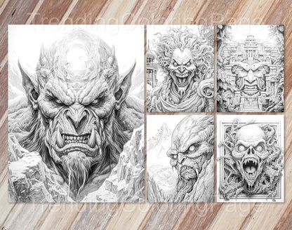 40 Freak of Horror Grayscale Coloring Pages - Halloween Coloring - Instant Download - Printable PDF Dark/Light – preview 6