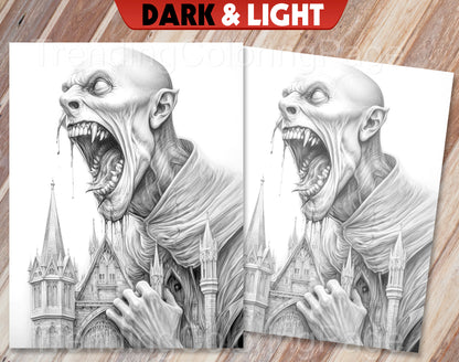 40 Freak of Horror Grayscale Coloring Pages - Halloween Coloring - Instant Download - Printable PDF Dark/Light – preview 7