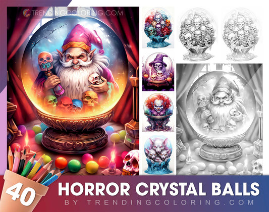 40 Horror Crystal Balls Grayscale Coloring Pages - Halloween Coloring - Instant Download - Printable PDF Dark/Light