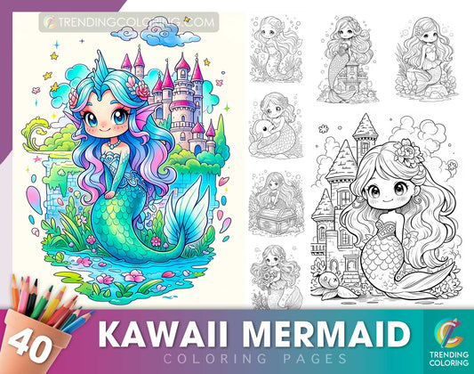40 Kawaii Mermaid Coloring Pages - Instant Download - Printable PDF