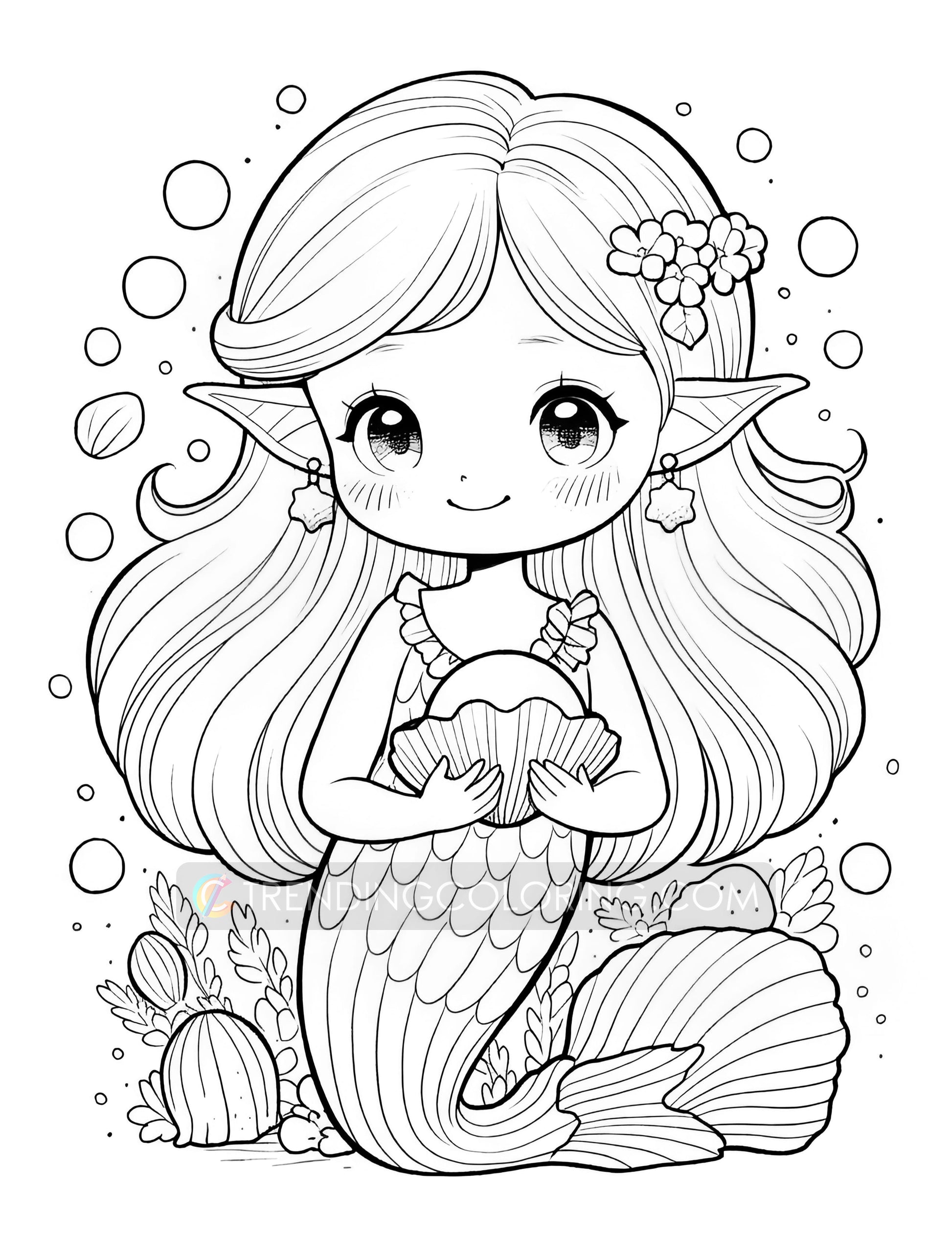 40 Kawaii Mermaid Coloring Pages - Instant Download - Printable PDF – preview 6