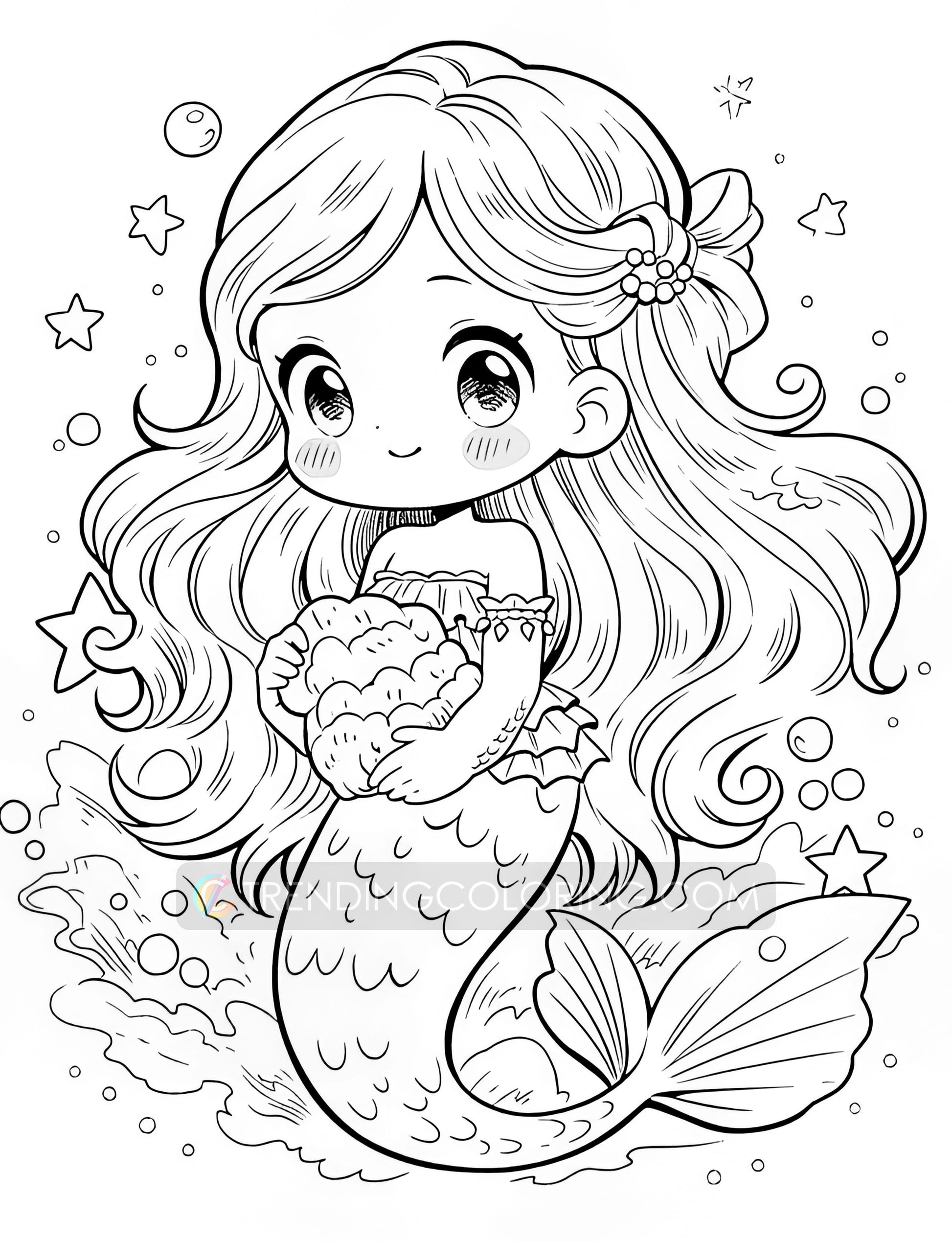 40 Kawaii Mermaid Coloring Pages - Instant Download - Printable PDF – preview 9