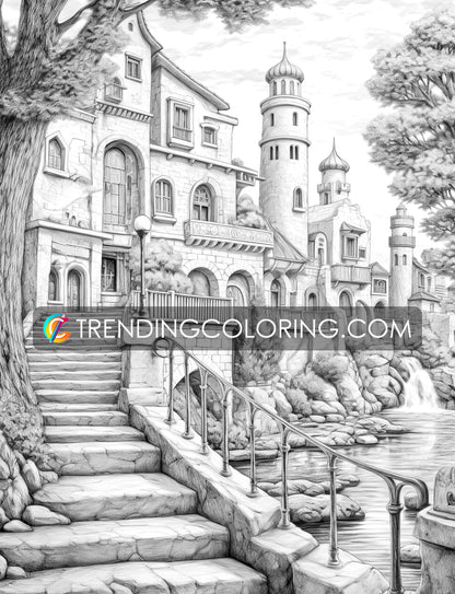 40 Medieval Town Grayscale Coloring Pages - Instant Download - Printable PDF – preview 10