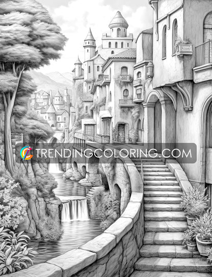40 Medieval Town Grayscale Coloring Pages - Instant Download - Printable PDF – preview 12
