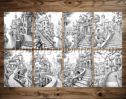 40 Medieval Town Grayscale Coloring Pages - Instant Download - Printable PDF – preview 3