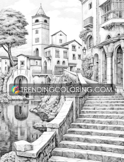 40 Medieval Town Grayscale Coloring Pages - Instant Download - Printable PDF – preview 5