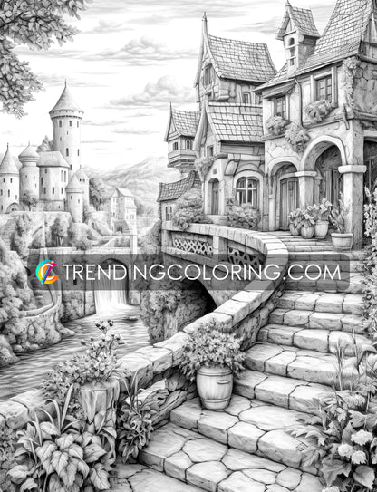 40 Medieval Town Grayscale Coloring Pages - Instant Download - Printable PDF – preview 6