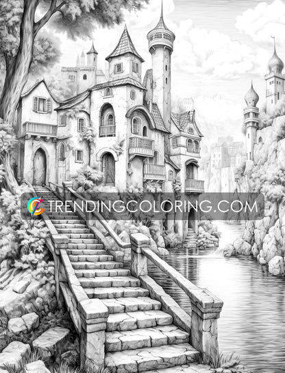 40 Medieval Town Grayscale Coloring Pages - Instant Download - Printable PDF – preview 7