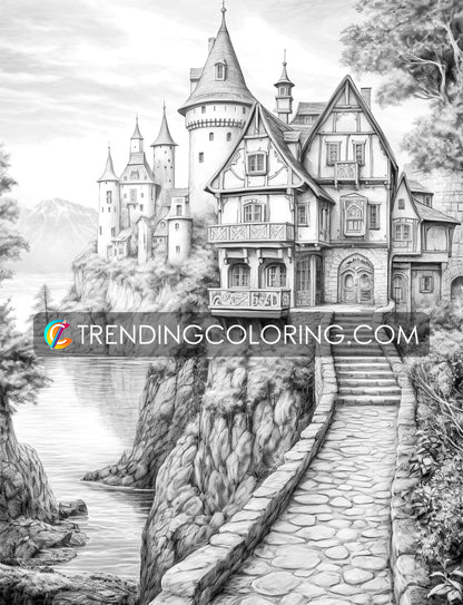 40 Medieval Town Grayscale Coloring Pages - Instant Download - Printable PDF – preview 9