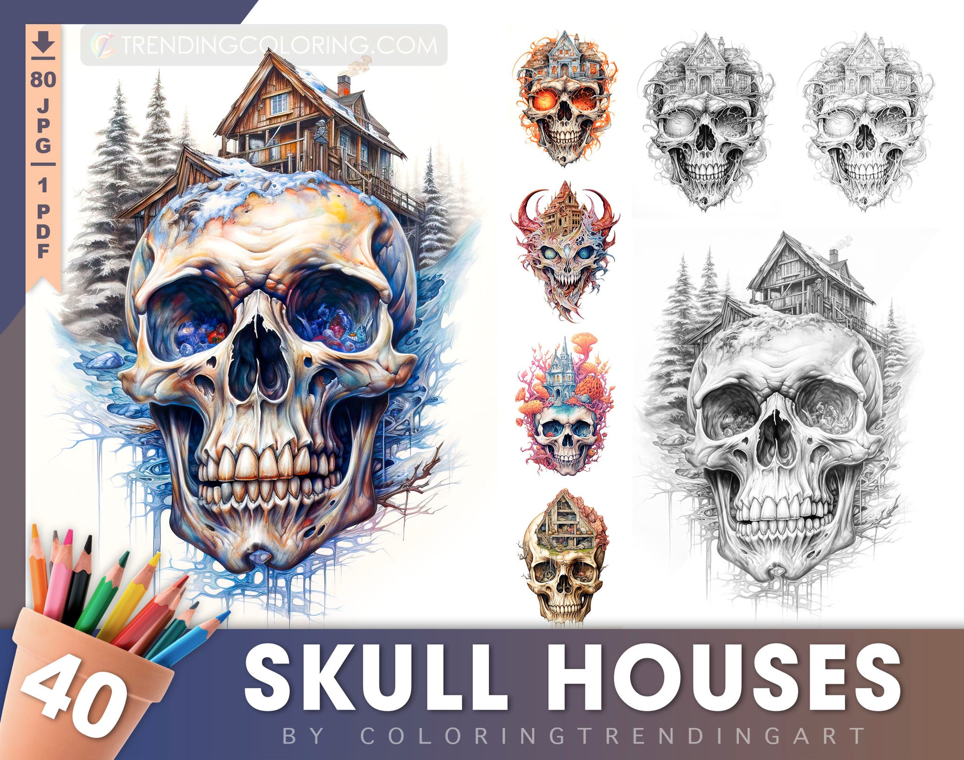 40 Skull House Grayscale Coloring Pages - Halloween Coloring - Instant Download - Printable PDF Dark/Light