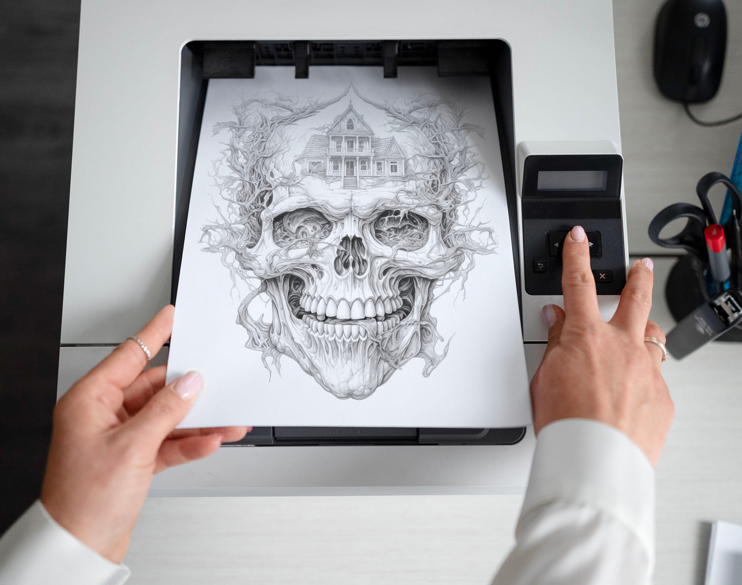 40 Skull House Grayscale Coloring Pages - Halloween Coloring - Instant Download - Printable PDF Dark/Light – preview 2