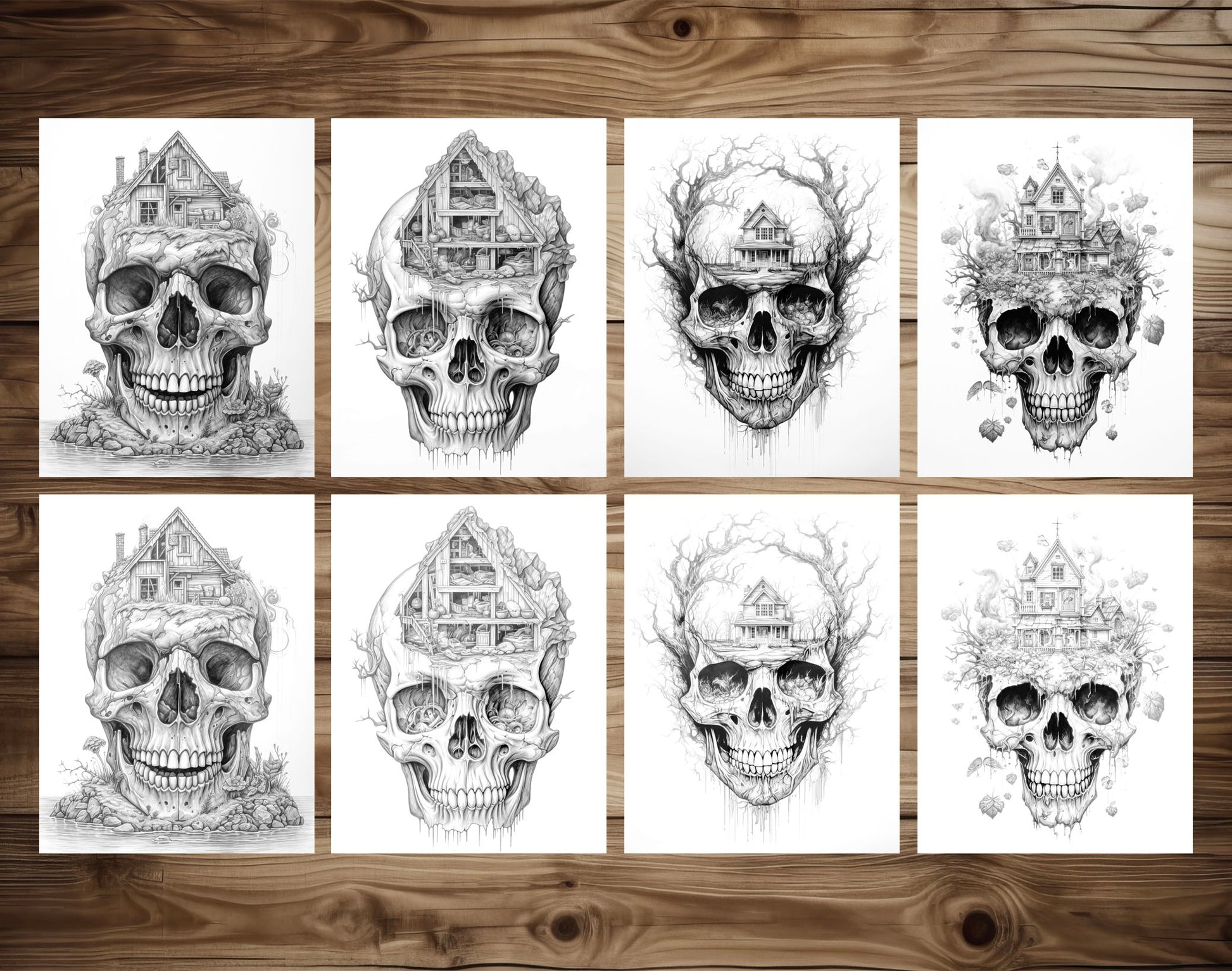 40 Skull House Grayscale Coloring Pages - Halloween Coloring - Instant Download - Printable PDF Dark/Light – preview 3