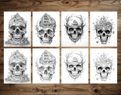 40 Skull House Grayscale Coloring Pages - Halloween Coloring - Instant Download - Printable PDF Dark/Light – preview 3
