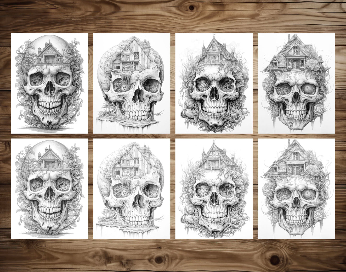 40 Skull House Grayscale Coloring Pages - Halloween Coloring - Instant Download - Printable PDF Dark/Light – preview 4