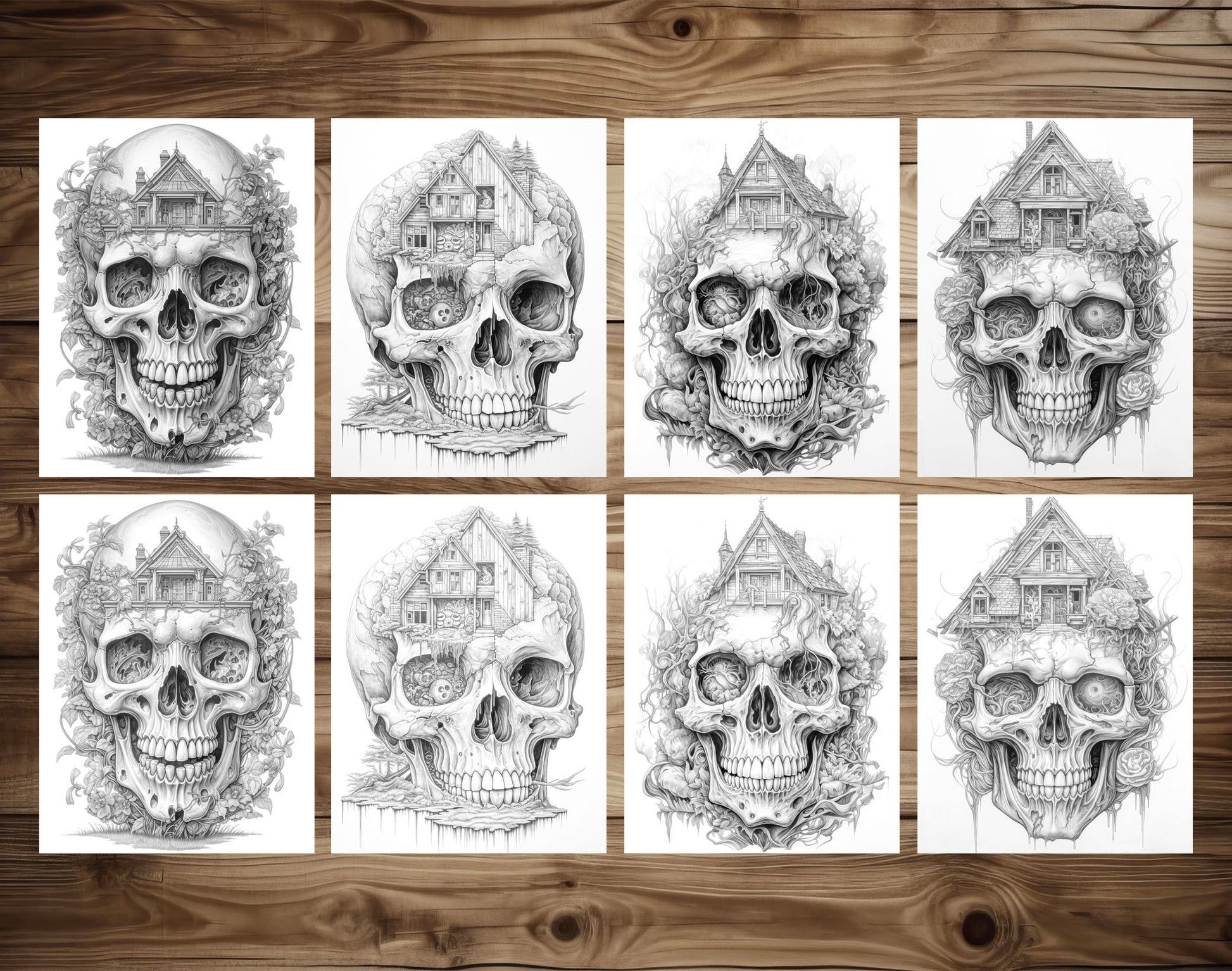40 Skull House Grayscale Coloring Pages - Halloween Coloring - Instant Download - Printable PDF Dark/Light – preview 4