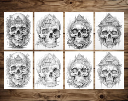 40 Skull House Grayscale Coloring Pages - Halloween Coloring - Instant Download - Printable PDF Dark/Light – preview 4