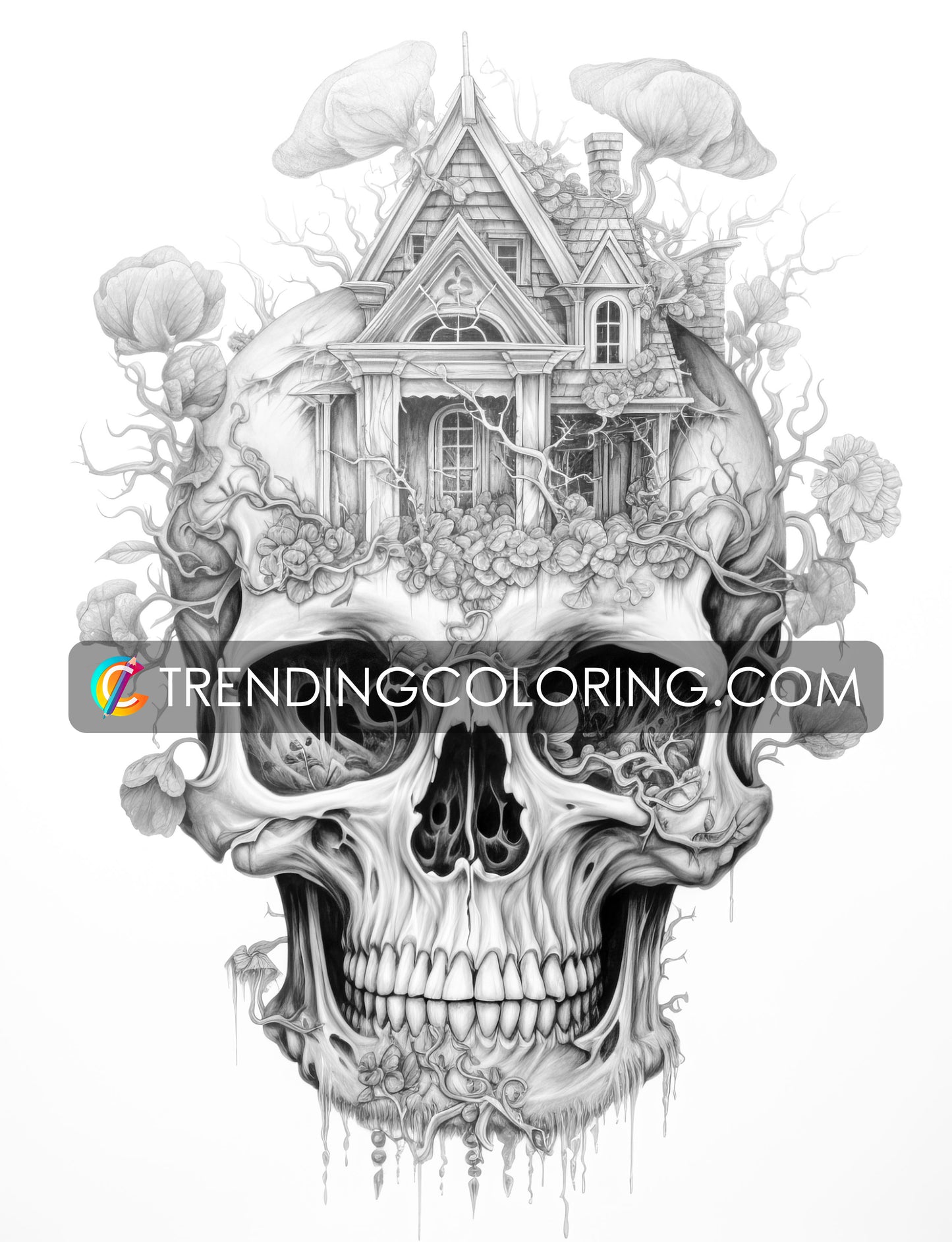 40 Skull House Grayscale Coloring Pages - Halloween Coloring - Instant Download - Printable PDF Dark/Light – preview 5