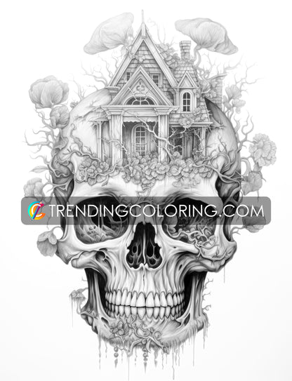 40 Skull House Grayscale Coloring Pages - Halloween Coloring - Instant Download - Printable PDF Dark/Light – preview 5