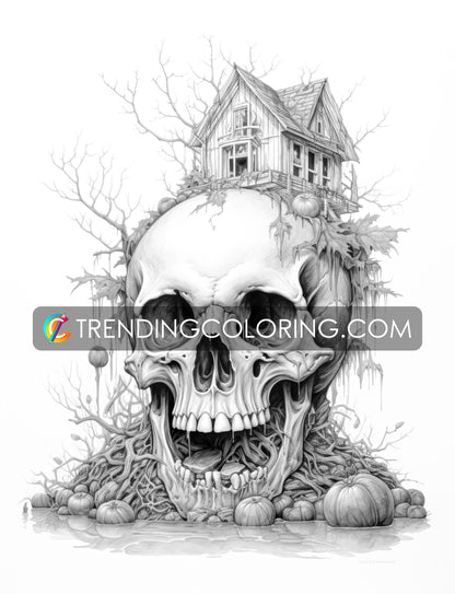 40 Skull House Grayscale Coloring Pages - Halloween Coloring - Instant Download - Printable PDF Dark/Light – preview 6
