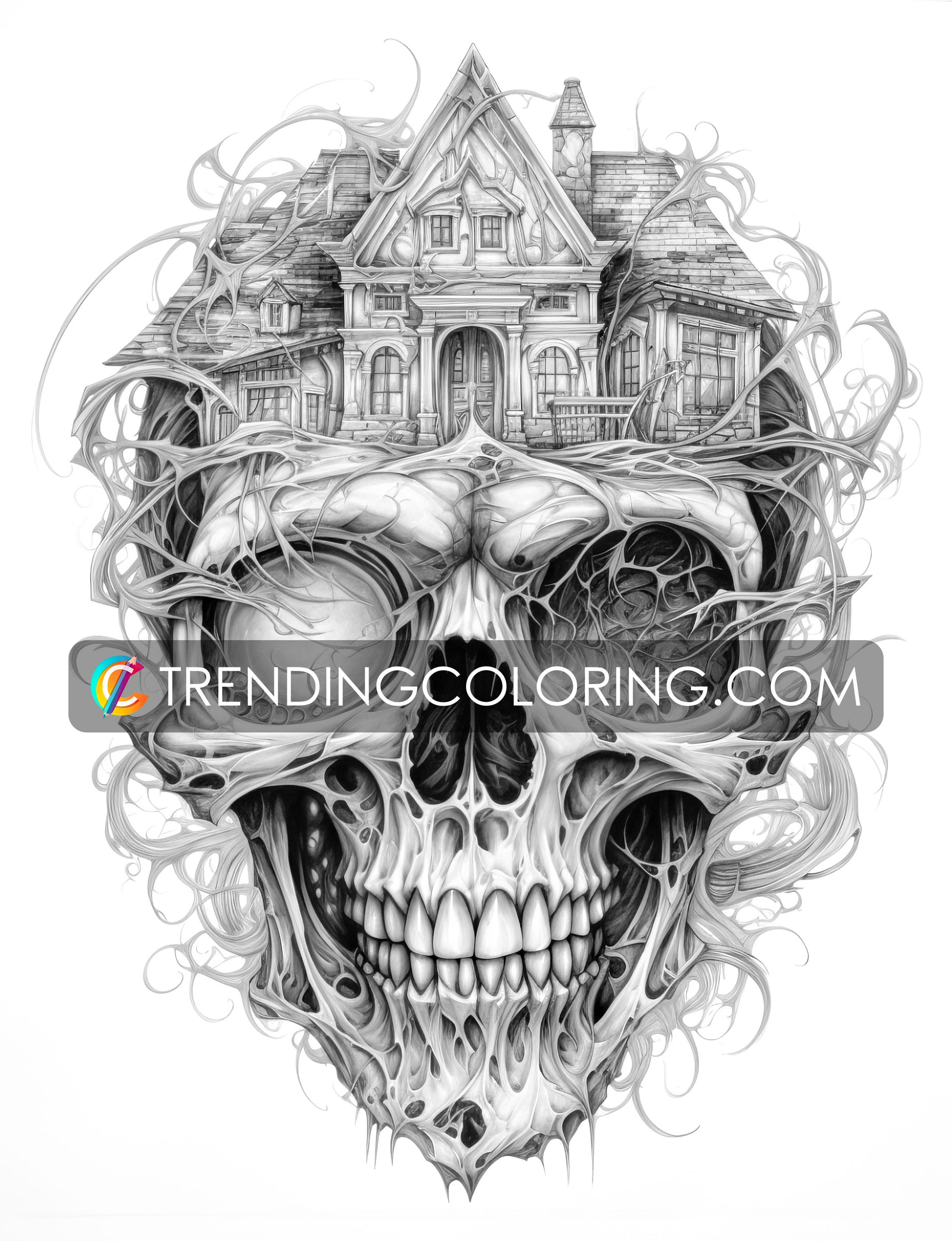 40 Skull House Grayscale Coloring Pages - Halloween Coloring - Instant Download - Printable PDF Dark/Light – preview 7