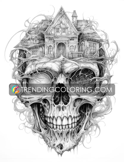 40 Skull House Grayscale Coloring Pages - Halloween Coloring - Instant Download - Printable PDF Dark/Light – preview 7