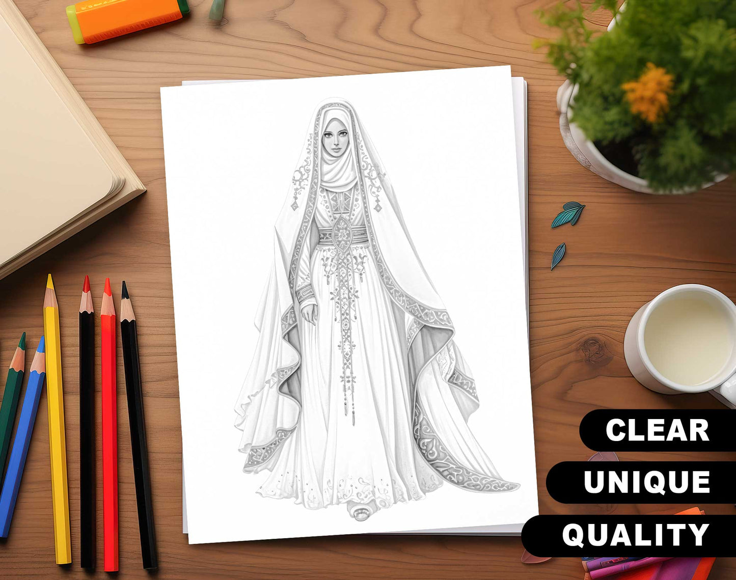 40 Traditional Wedding Dress Grayscale Coloring Pages- Instant Download - Printable PDF Dark/Light – preview 3
