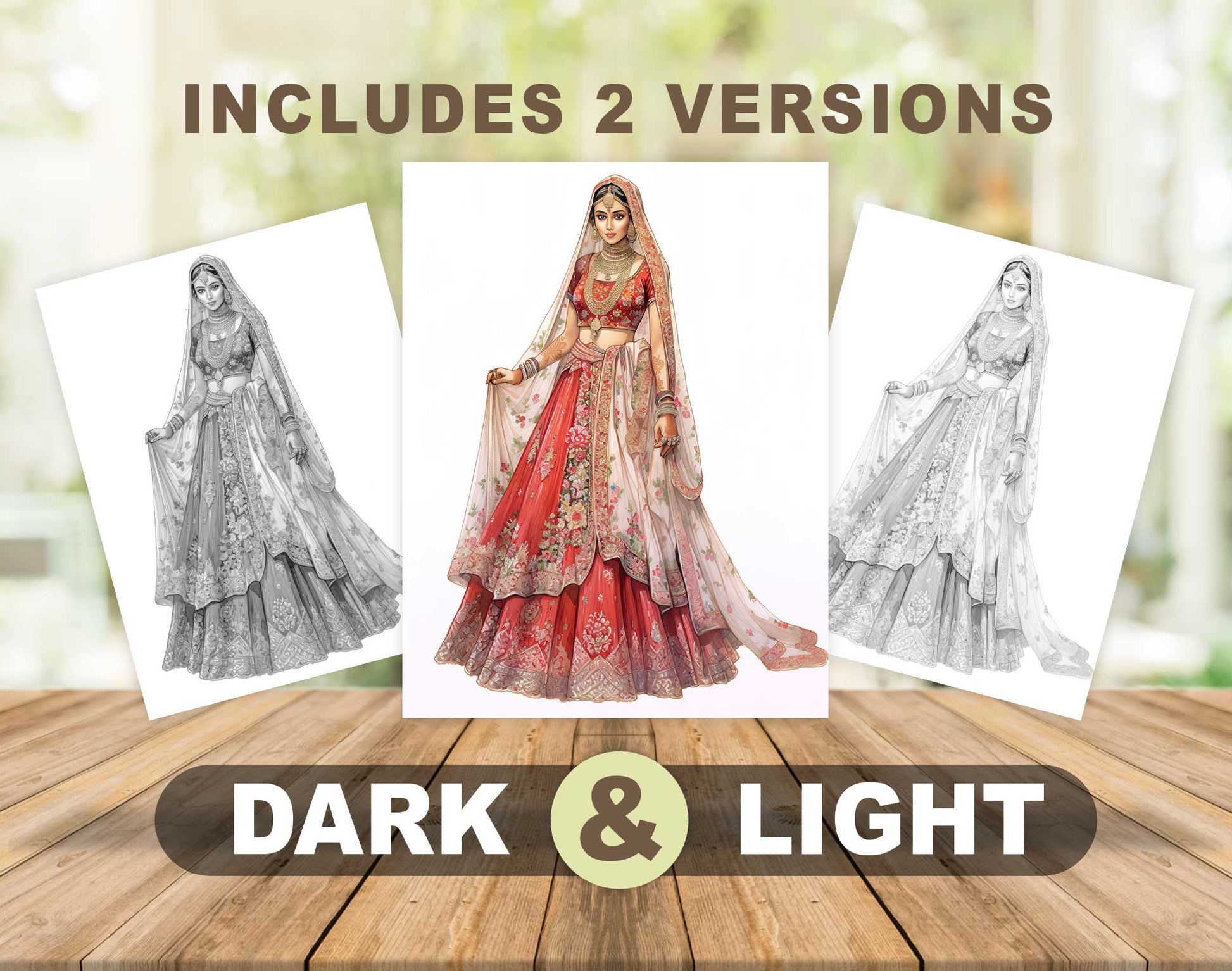 40 Traditional Wedding Dress Grayscale Coloring Pages- Instant Download - Printable PDF Dark/Light – preview 4