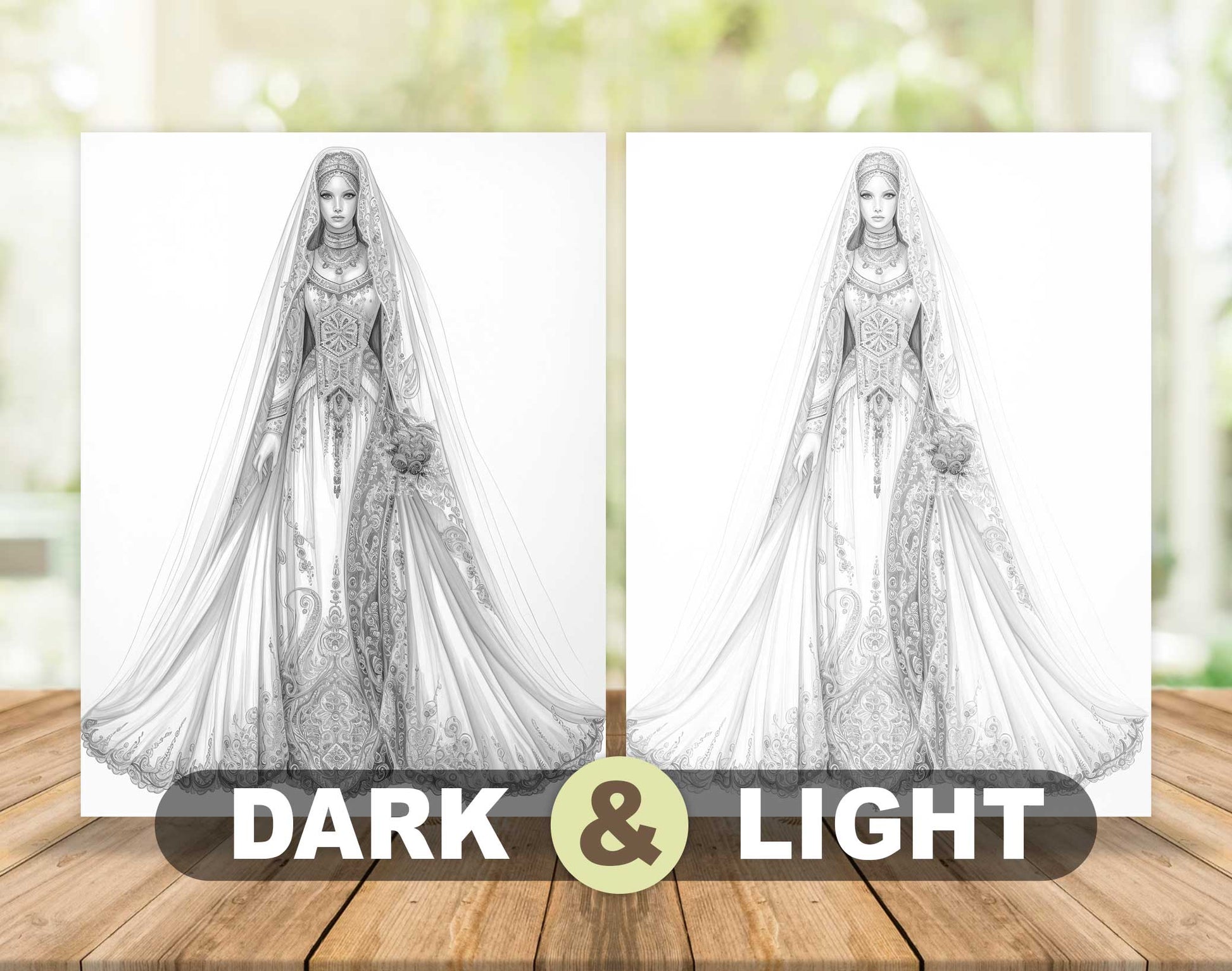 40 Traditional Wedding Dress Grayscale Coloring Pages- Instant Download - Printable PDF Dark/Light – preview 5