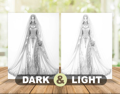 40 Traditional Wedding Dress Grayscale Coloring Pages- Instant Download - Printable PDF Dark/Light – preview 5