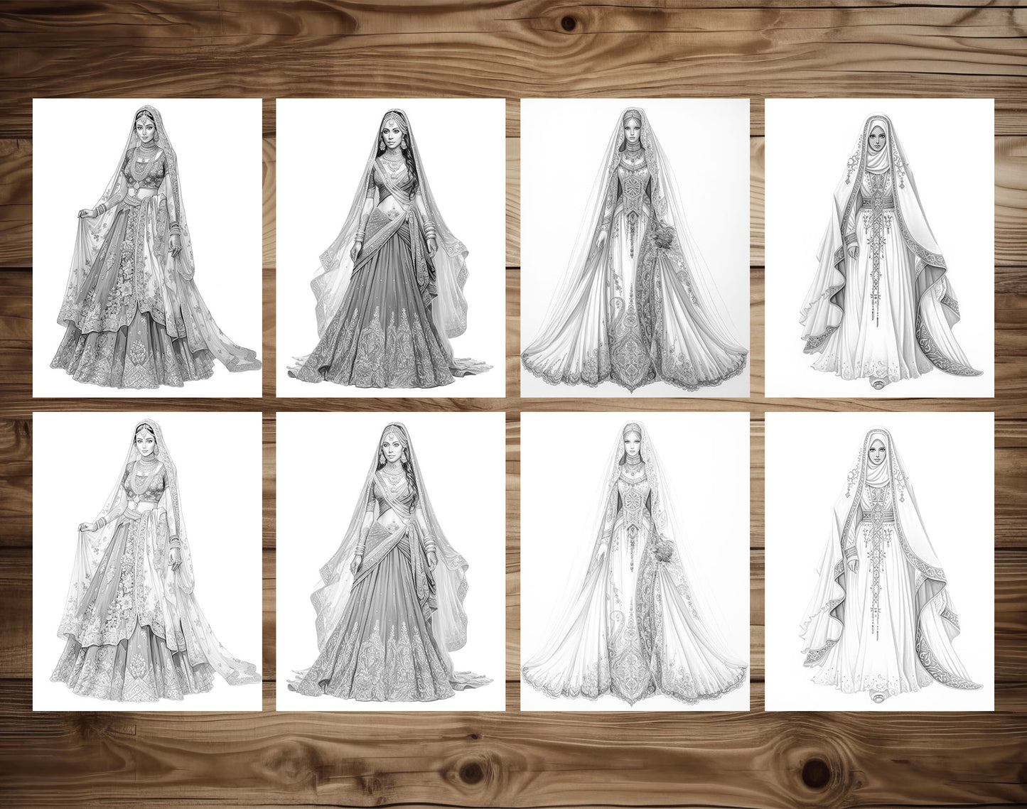 40 Traditional Wedding Dress Grayscale Coloring Pages- Instant Download - Printable PDF Dark/Light – preview 6