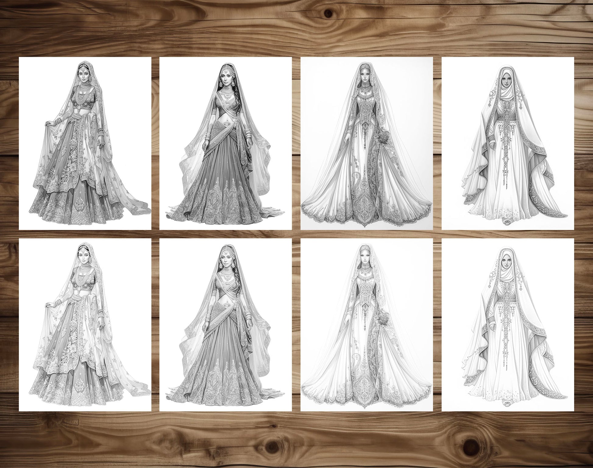 40 Traditional Wedding Dress Grayscale Coloring Pages- Instant Download - Printable PDF Dark/Light – preview 6