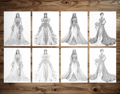 40 Traditional Wedding Dress Grayscale Coloring Pages- Instant Download - Printable PDF Dark/Light – preview 7