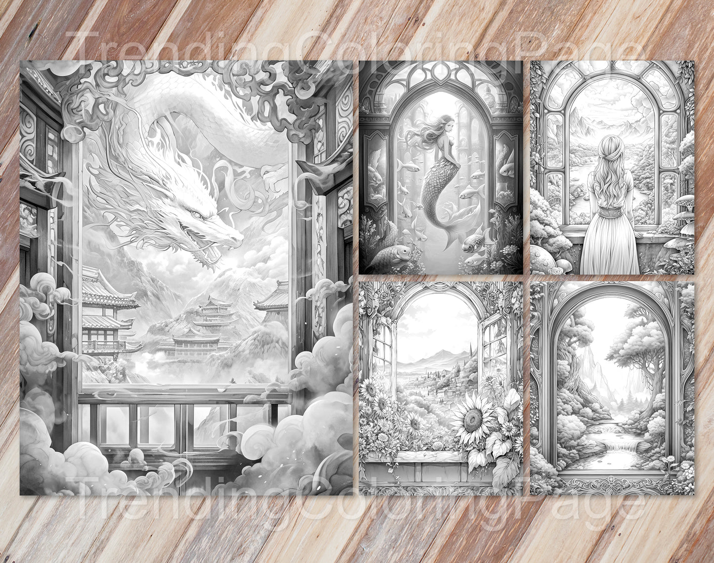 40 Window to Another World 2 Grayscale Coloring Pages- Instant Download - Printable PDF Dark/Light – preview 2