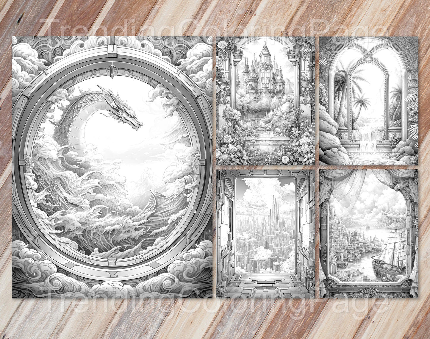 40 Window to Another World 2 Grayscale Coloring Pages- Instant Download - Printable PDF Dark/Light – preview 3