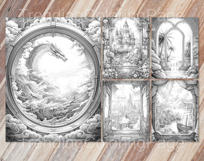 40 Window to Another World 2 Grayscale Coloring Pages- Instant Download - Printable PDF Dark/Light – preview 3