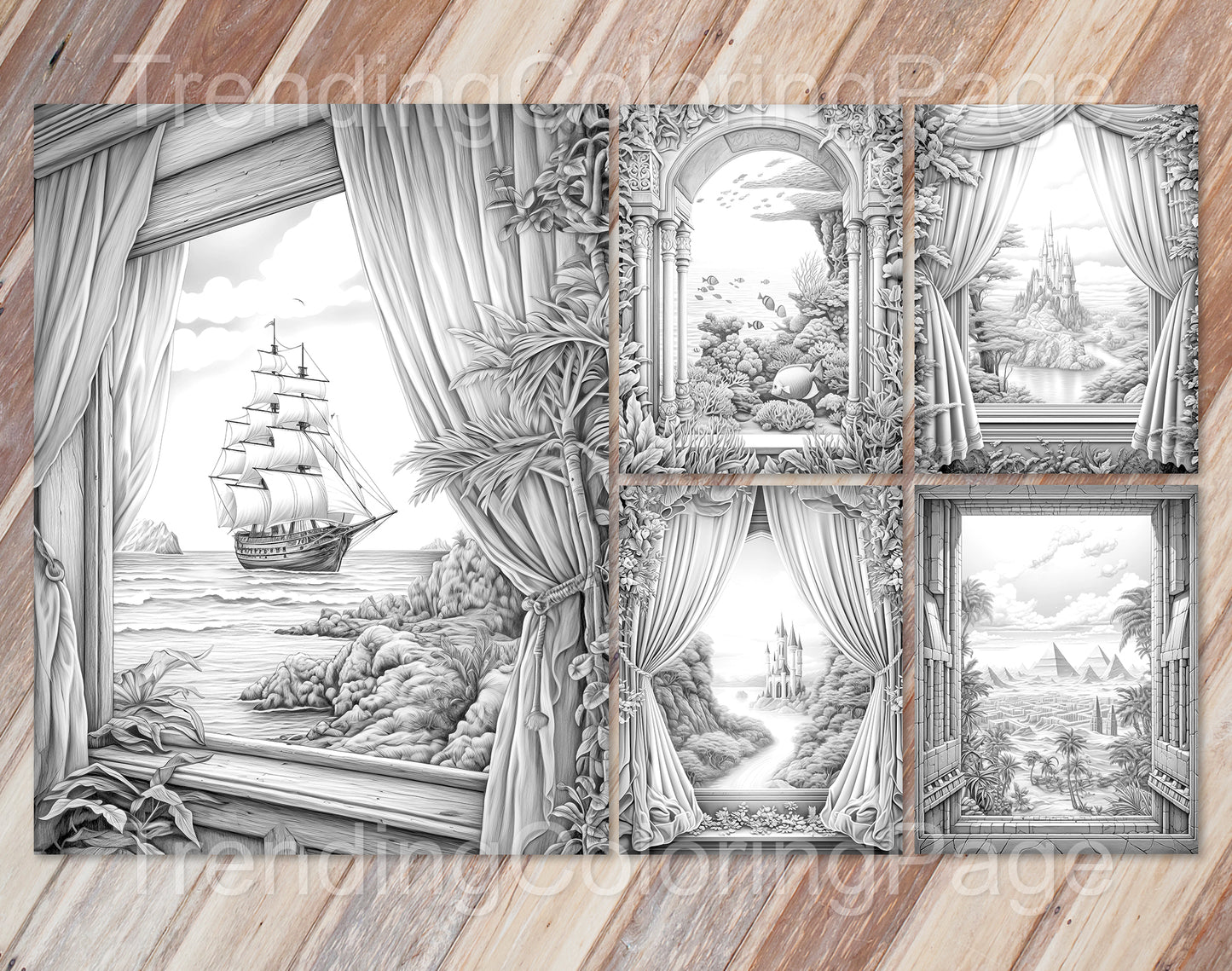 40 Window to Another World 2 Grayscale Coloring Pages- Instant Download - Printable PDF Dark/Light – preview 5